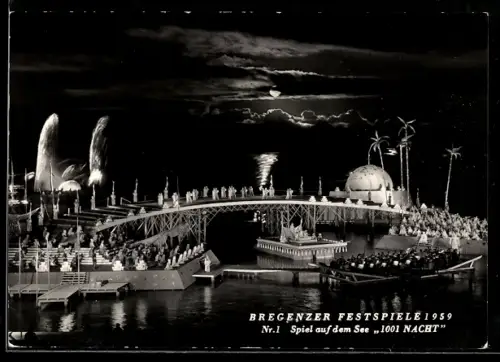 AK Bregenz, Festspiele 1959, Spiel auf dem See, 1001 Nacht, Szenenbild mit Boot, Mond