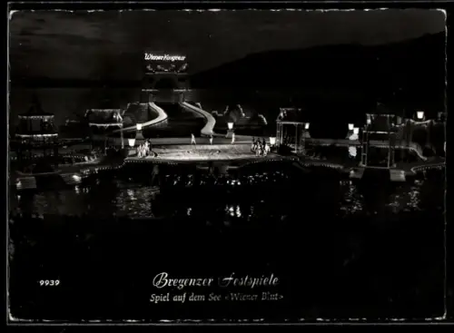 AK Bregenz, Festspiele, Spiel auf dem See, Wiener Blut, Szenenbild mit Leuchtschrift Wiener Kongress