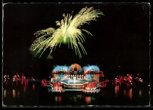 AK Bregenz, Festspiele 1964, Spiel auf dem See, Das Land des Lächelns, Szenenbild mit Feuerwerk