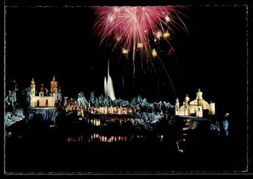 AK Bregenz, Festspiele 1977, Spiel auf dem See, Oberon, Szenenbild mit Feuerwerk