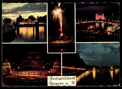 AK Bregenz am Bodensee, Festspielstadt, Beleuchtete Uferpartie, Bühnenbilder, Feuerwerk