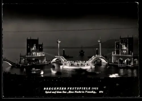 AK Bregenz, Festspiele 1955, Spiel auf dem See, Eine Nacht in Venedig, Szenenbild mit Seepanorama