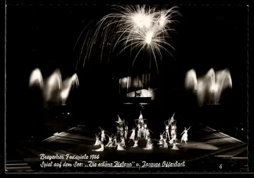 AK Bregenz, Festspiele 1966, Spiel auf dem See, Die schöne Helena, Szenenbild, mit Feuerwerk