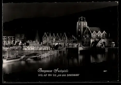 AK Bregenz, Festspiele 1957, Spiel auf dem See, Zar und Zimmermann, Szenenbild, Dämmerung
