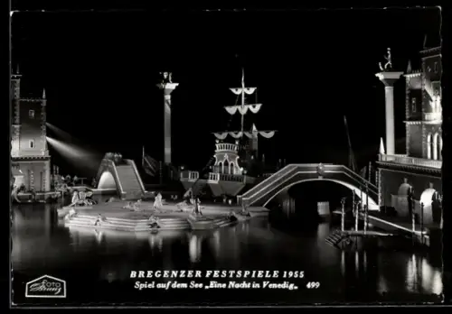 AK Bregenz, Festspiele 1955, Spiel auf dem See, Eine Nacht in Venedig, Szenenbild mit Segelschiff
