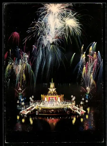 AK Bregenz, Festspiele, Die Fledermaus, Operette von Johann Strauss, Spiel auf dem See mit Feuerwerk