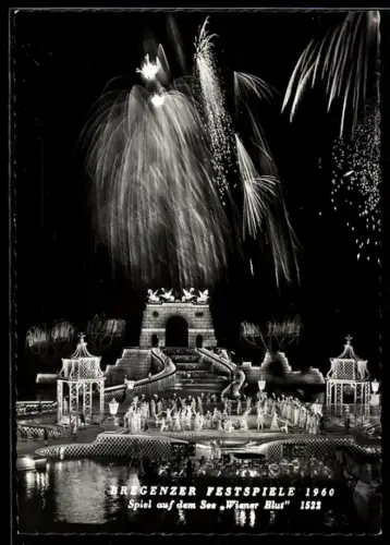 AK Bregenz, Festspiele 1960, Spiel auf dem See, Wiener Blut mit Feuewerk
