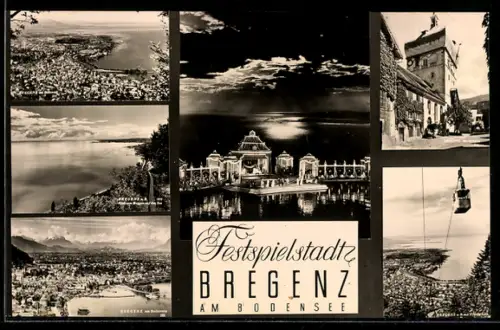AK Bregenz a. B., Ortsansicht, Seilbahn, Festspiel-Aufführung