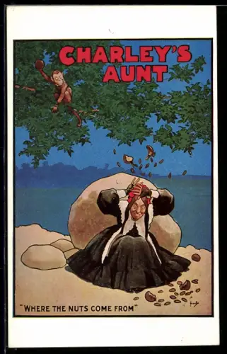 AK Plakat für Theaterstück Charley`s Aunt von Brandon Thomas, Affe bewirft eine Frau mit Nüssen