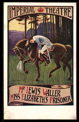 AK Plakat für Theaterstück Miss Elizabeth`s Prisoner von Lewis Waller, Schlafender Soldat auf einem Pferd