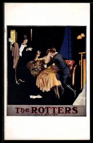 AK Plakat für Theaterstück The Rotters von H.F. Maltby, Paar küsst sich auf einer Couch und wird beobachtet
