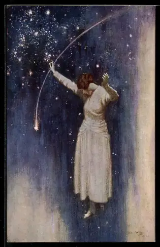 AK Plakat für Theaterstück Mary Rose von James Barrie, Hübsche Frau mit einer Sternschnuppe