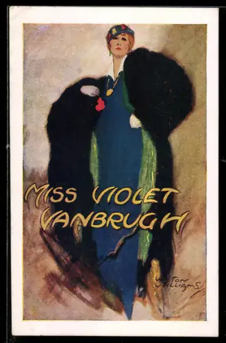 AK Plakat für Theaterstück Miss Violet Vanbrugh, Elegante Dame mit Pelzmantel