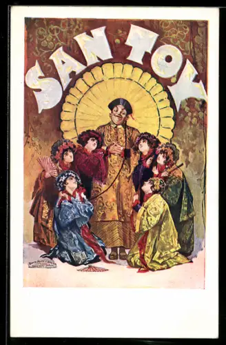 AK Plakat für Theaterstück San Toy von Edward Morton, Menschen in tradioneller chinesischer Kleidung