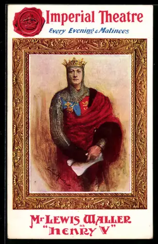 AK Plakat für Theaterstück Henry V. von Shakespeare, Portrait von Henry mit Krone und Rüstung