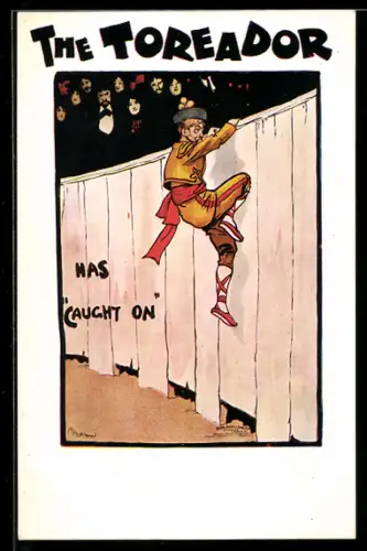 AK Plakat für Theaterstück The Toreador, Torero flüchtet über eine Holzwand