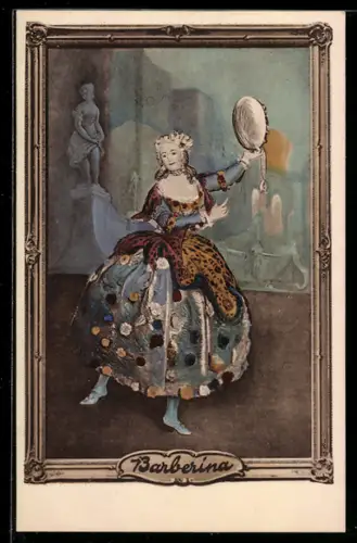 AK Berlin, Plakat für Theaterstück Barberina, Elegante Dame mit Handspiegel in tänzelnder Bewegung