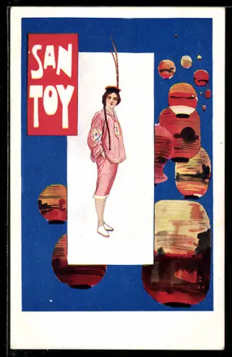 AK Plakat für Theaterstück San Toy, Frau in chinesischer Kleidung mit Laternen