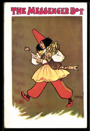 AK Plakat für Theaterstück The Messenger Boy, Mann mit Hut trägt Bananen und ein Huhn
