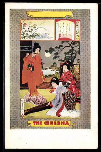 AK Plakat für Theaterstück The Geisha, Drei Geisha mit Instrumenten, darunter Shamisen