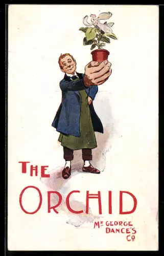 AK Plakat für Theaterstück The Orchid von George Dance, Mann hält einen Blumentopf mit einer Orchidee in der Hand