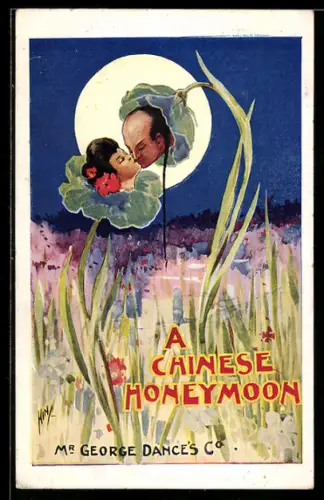 AK Plakat für Theaterstück A Chinese Honeymoon von George Dance, Zwei Blumen mit Gesichtern küssen sich