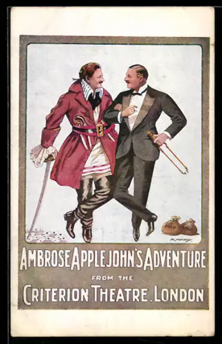 AK Plakat für Theaterstück Ambrose Apple John`s Adventure, zwei elegante Herren Arm in Arm