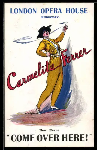 AK Plakat für Theaterstück Carmelita Ferrer, modisch gekleidete Dame mit Zigarette