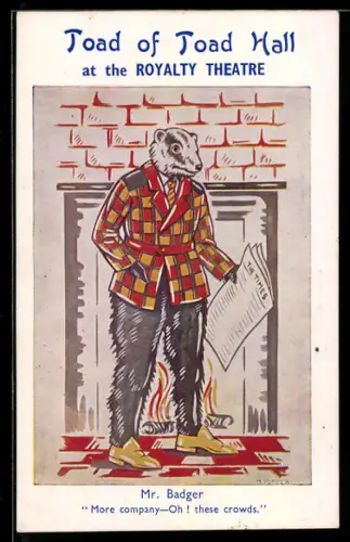 AK Plakat für Theaterstück Toad of Toad Hall, Dachs in menschlicher Kleidung mit Zeitung