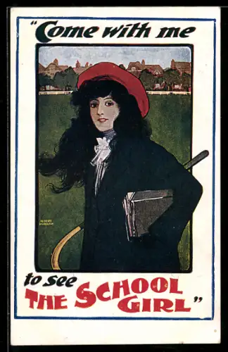 AK Plakat für Theaterstück The School Girl, junge Frau mit dunklen Haaren und roter Mütze