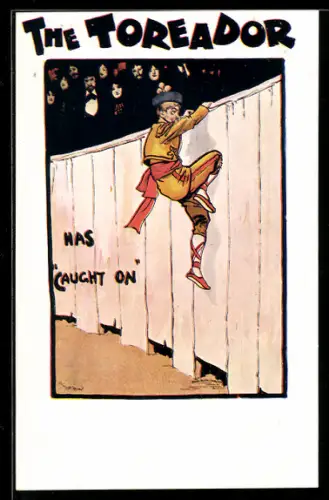 AK Plakat für Theaterstück The Toreador, Torero rettet sich über eine Holzwand