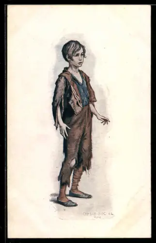 AK Plakat für Theaterstück Oliver Twist von Charles Dickens, Junge in zerlumpter Kleidung
