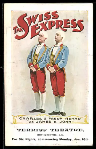 AK Plakat für Theaterstück The Swiss Express, Zwei Männer in höfischer Kleidung stehen nebeneinander