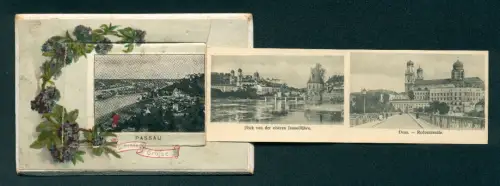 Leporello-AK Passau, Ludwigstrasse und Votivkirche, Panorama mit Salondampfer, Bahnhofstrasse, Donauquai