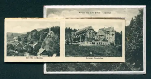 Leporello-AK Schierke, Ansicht der Kirche, Sanatorium, Ottofels, Signalfichte, Brockenbahn