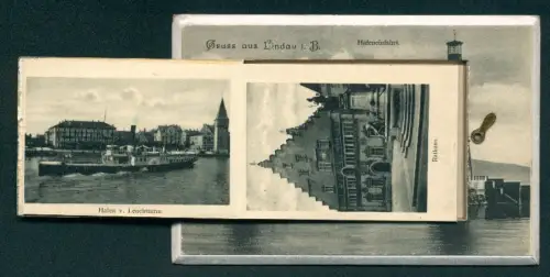 Leporello-AK Lindau, Hafen mit Löwenmonument, Rathaus, Postamt, Kaserne, Raddampfer im Hafen