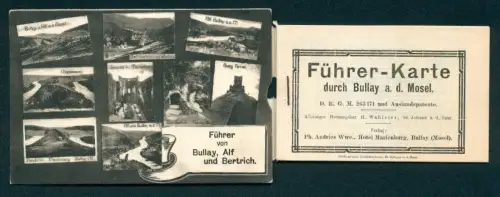 Leporello-AK Bullay a. d. Mosel, Ortsansicht, Marienburg, Pünderich, Burg Arras, mit eingelegter Führer-Karte Bullay