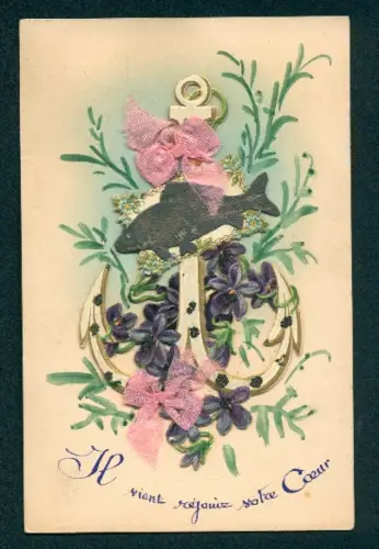 Oblaten-AK Anker mit einem Fisch und rosafarbenen Schleifen