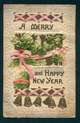 Oblaten-AK Stechpalmenzweige, Glocken und Schleifen, Neujahrsgruss