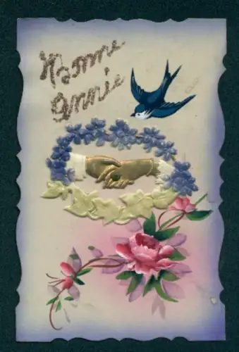 Oblaten-AK Schwalbe über zwei ineinandergreifenden Händen mit Vergissmeinnicht