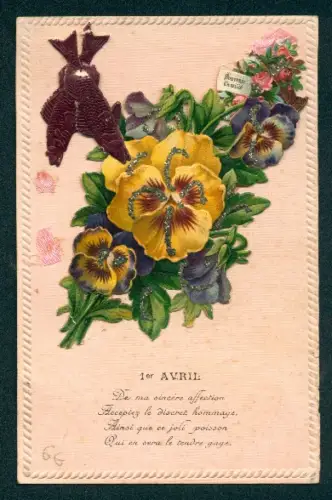 Oblaten-AK Strauss Stiefmütterchen und zwei Fischen zum 1. April