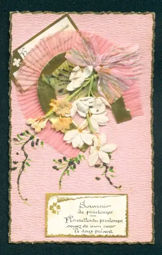 Oblaten-AK Hufeisen mit bühenden Blütenzweigen und rosafarbener Schleife