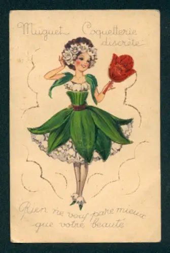 Oblaten-AK Hübsche Frau im Blütenkleid mit roter Blume in der Hand