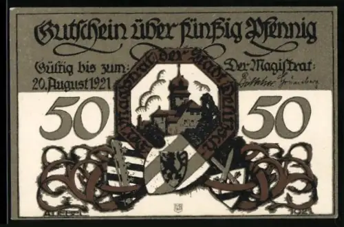 Notgeld Delitzsch 1921, 50 Pfennig, Ortsansicht mit Wappen und historische Szene mit Soldaten