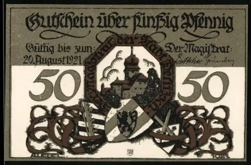 Notgeld Delitzsch 1921, 50 Pfennig, Ortsansicht und Reiter auf Pferden