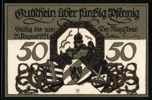 Notgeld Delitzsch 1921, 50 Pfennig, Ortsansicht und Frau mit Fanfare