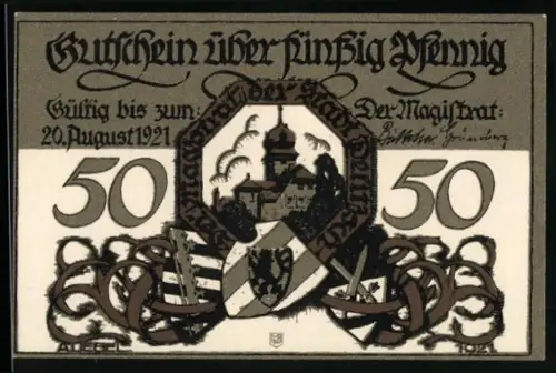 Notgeld Delitzsch 1921, 50 Pfennig, Ortsansicht und Turmszene mit Frau am Fenster
