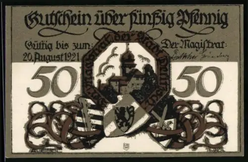 Notgeld Delitzsch 1921, 50 Pfennig, Wappen und Gespräch zwischen Mann und Frau