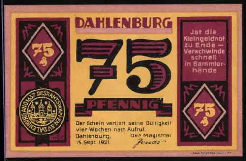 Notgeld Dahlenburg 1921, 75 Pfennig, Schuster bei der Arbeit und Stadtwappen