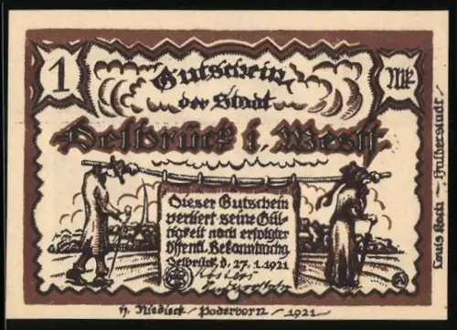 Notgeld Delbrück i. Westf. 1921, 1 Mk, Figuren mit Schriftrolle, stehende Frau mit Spruch